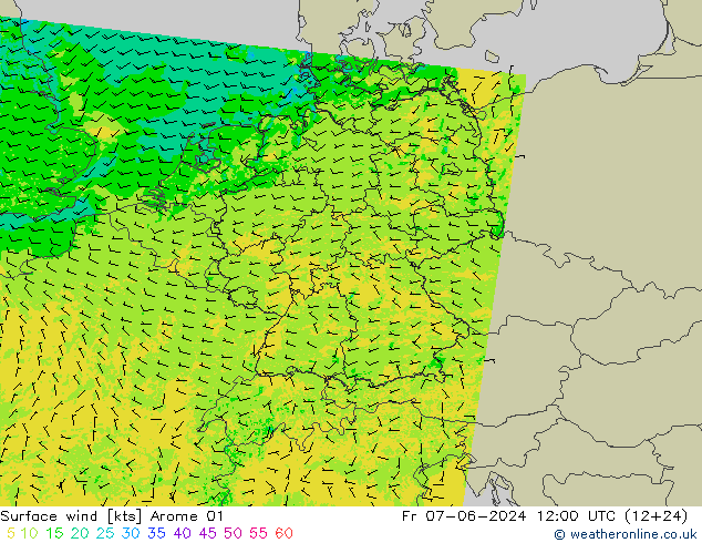 Surface wind Arome 01 Fr 07.06.2024 12 UTC