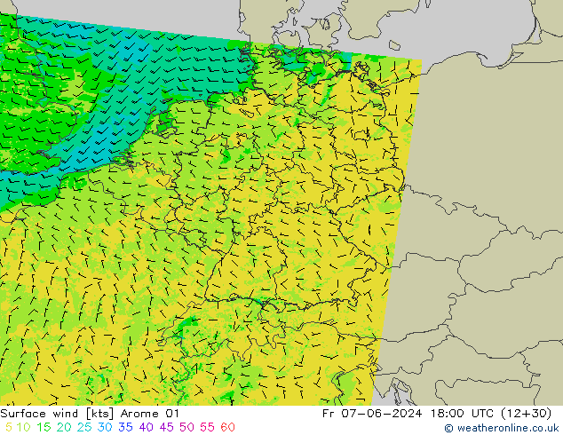 Vento 10 m Arome 01 ven 07.06.2024 18 UTC