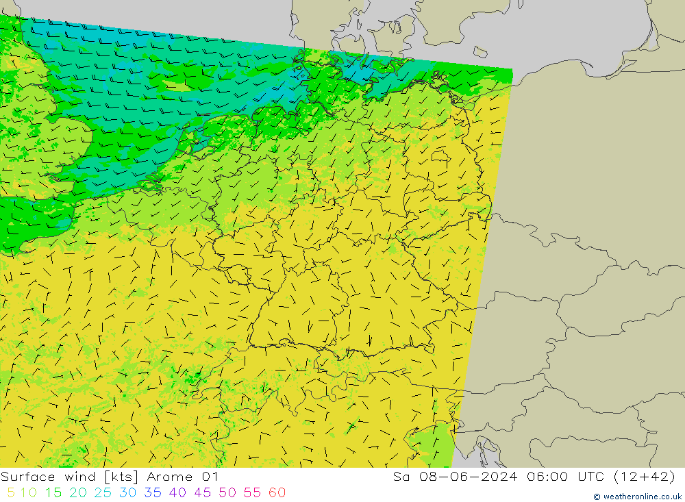 wiatr 10 m Arome 01 so. 08.06.2024 06 UTC