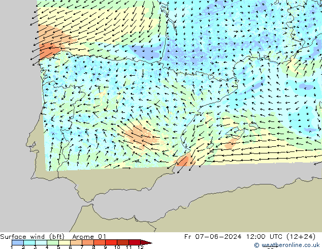 Wind 10 m (bft) Arome 01 vr 07.06.2024 12 UTC