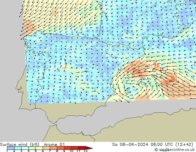 Wind 10 m (bft) Arome 01 za 08.06.2024 06 UTC