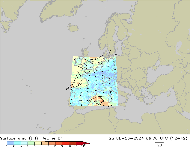 wiatr 10 m (bft) Arome 01 so. 08.06.2024 06 UTC
