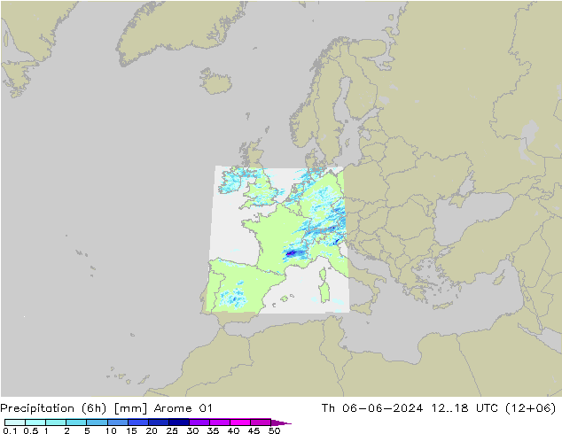 Totale neerslag (6h) Arome 01 do 06.06.2024 18 UTC