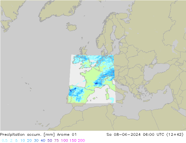 Precipitation accum. Arome 01 so. 08.06.2024 06 UTC