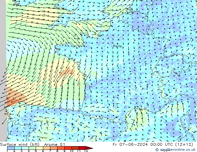 Wind 10 m (bft) Arome 01 vr 07.06.2024 00 UTC