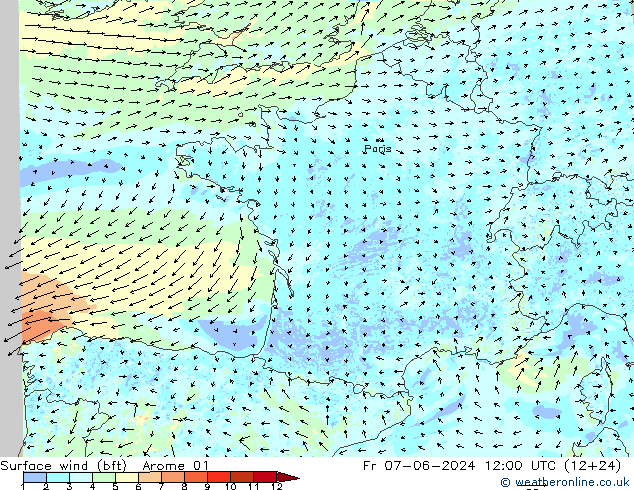 Rüzgar 10 m (bft) Arome 01 Cu 07.06.2024 12 UTC