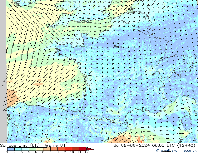 Wind 10 m (bft) Arome 01 za 08.06.2024 06 UTC