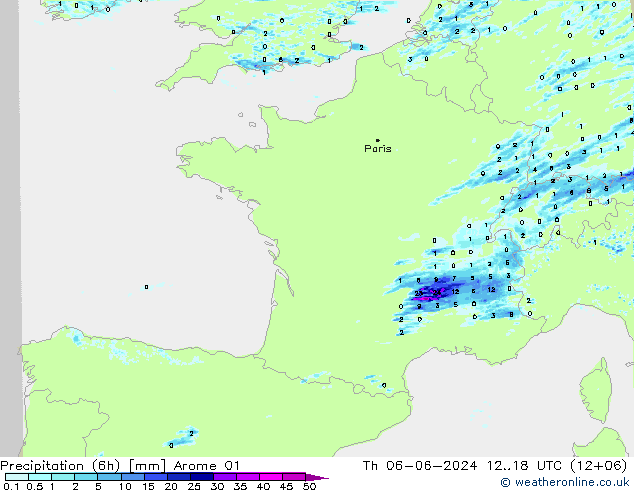 Precipitation (6h) Arome 01 Čt 06.06.2024 18 UTC