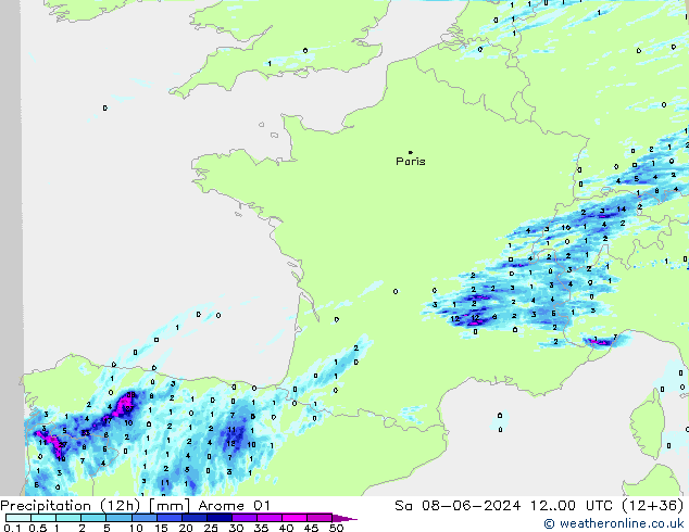 Precipitation (12h) Arome 01 Sa 08.06.2024 00 UTC