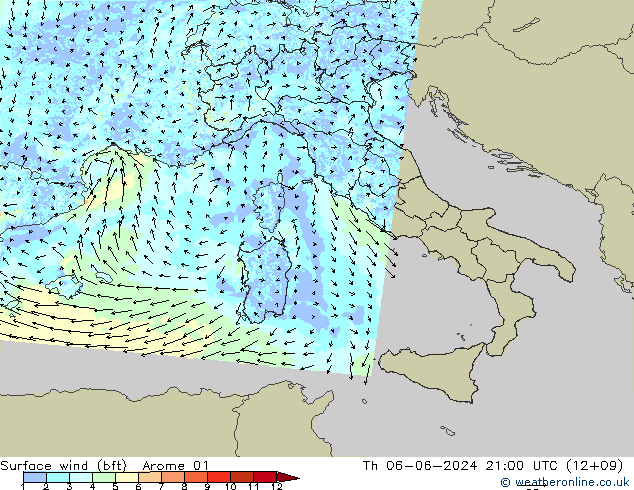 Viento 10 m (bft) Arome 01 jue 06.06.2024 21 UTC