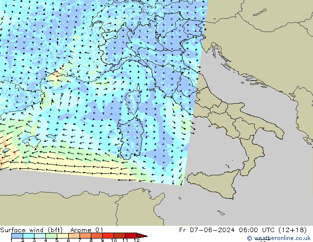 Vento 10 m (bft) Arome 01 Sex 07.06.2024 06 UTC