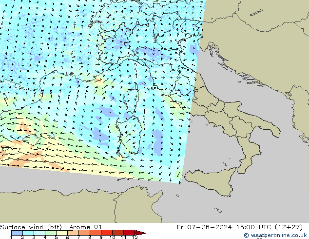 Surface wind (bft) Arome 01 Fr 07.06.2024 15 UTC