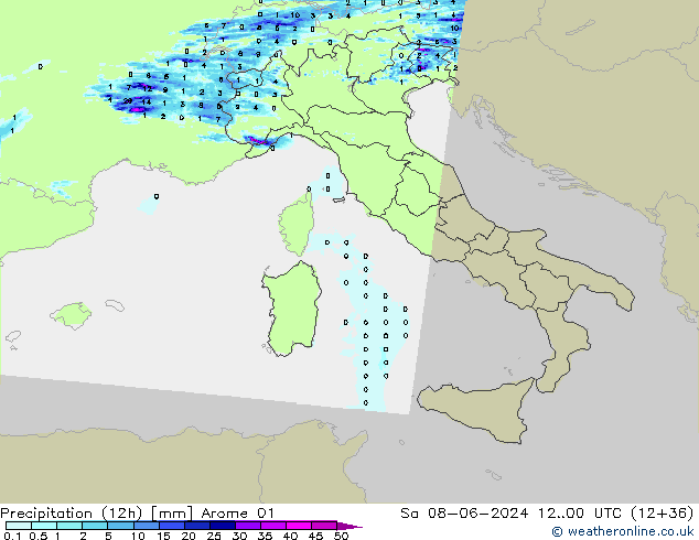 осадки (12h) Arome 01 сб 08.06.2024 00 UTC