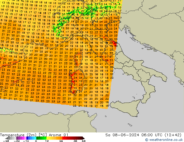 Temperaturkarte (2m) Arome 01 Sa 08.06.2024 06 UTC