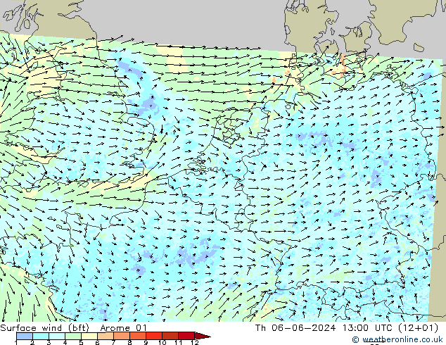 Wind 10 m (bft) Arome 01 do 06.06.2024 13 UTC