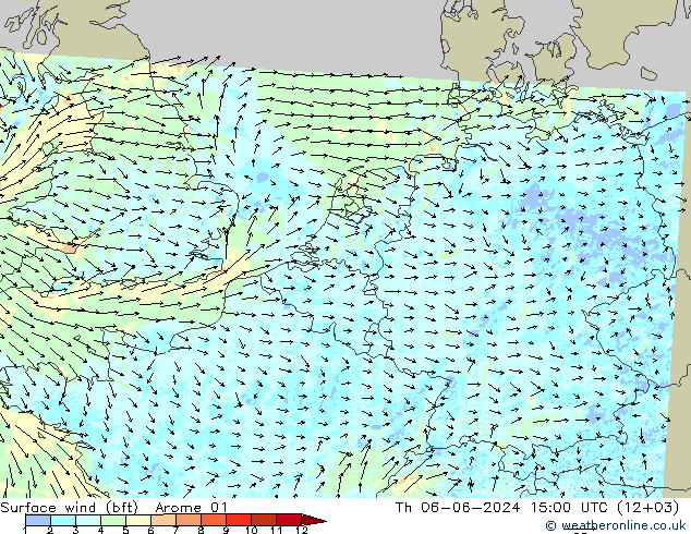 Surface wind (bft) Arome 01 Th 06.06.2024 15 UTC