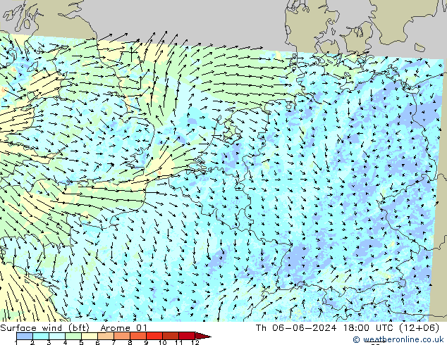 �N 10 米 (bft) Arome 01 星期四 06.06.2024 18 UTC