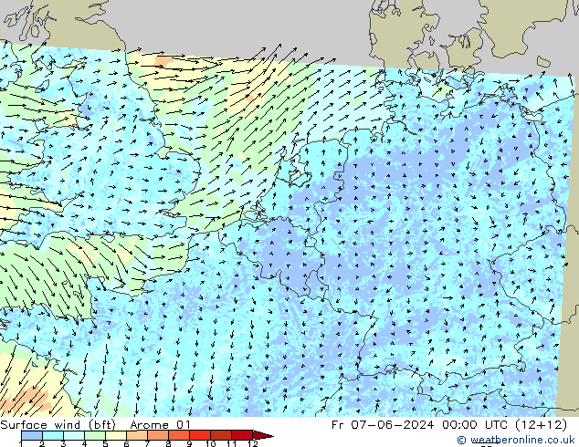 Surface wind (bft) Arome 01 Fr 07.06.2024 00 UTC