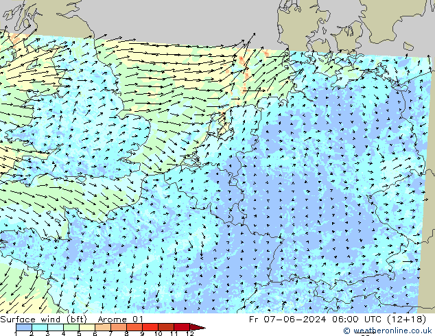 Vento 10 m (bft) Arome 01 ven 07.06.2024 06 UTC