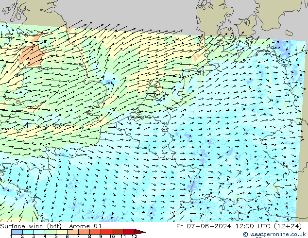 Surface wind (bft) Arome 01 Pá 07.06.2024 12 UTC