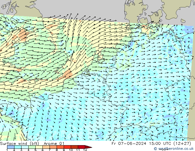 Surface wind (bft) Arome 01 Fr 07.06.2024 15 UTC