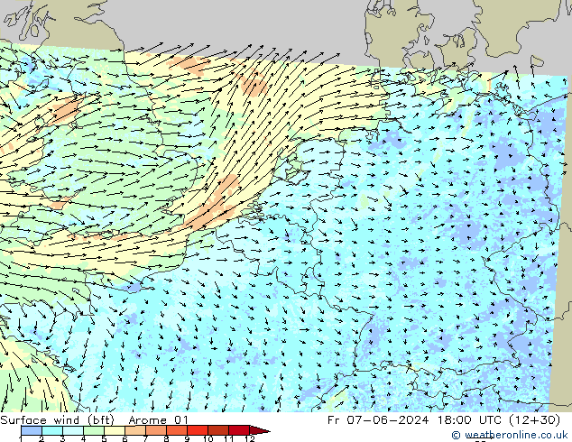 Surface wind (bft) Arome 01 Fr 07.06.2024 18 UTC