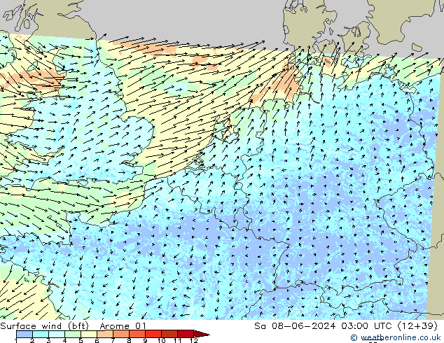 Surface wind (bft) Arome 01 Sa 08.06.2024 03 UTC