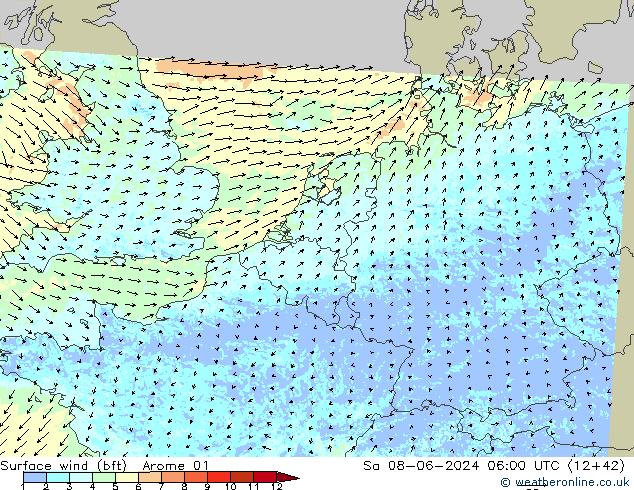 Wind 10 m (bft) Arome 01 za 08.06.2024 06 UTC