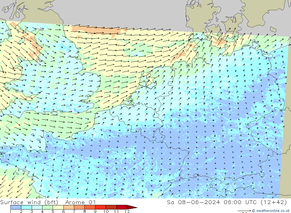 Bodenwind (bft) Arome 01 Sa 08.06.2024 06 UTC