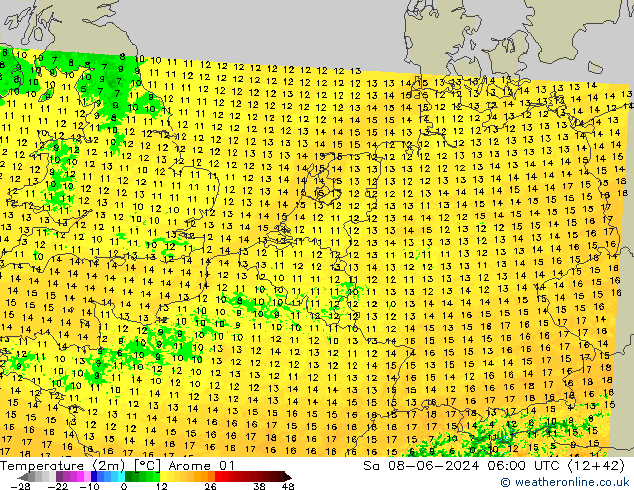 Temperatura (2m) Arome 01 Sáb 08.06.2024 06 UTC