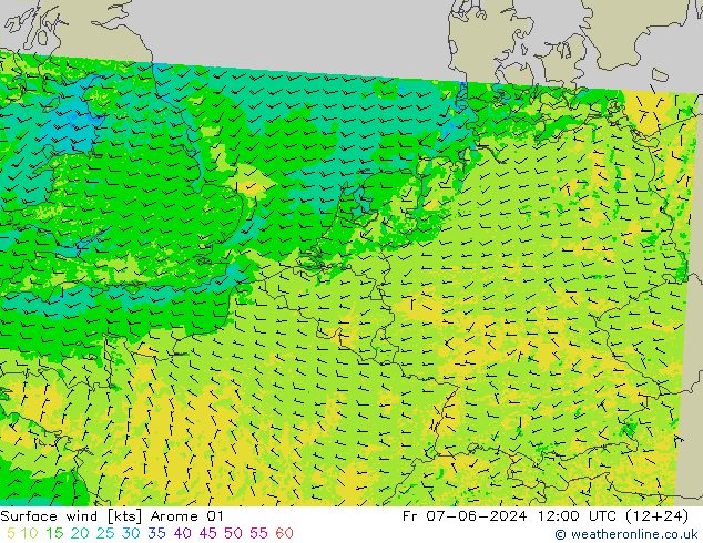 Surface wind Arome 01 Pá 07.06.2024 12 UTC