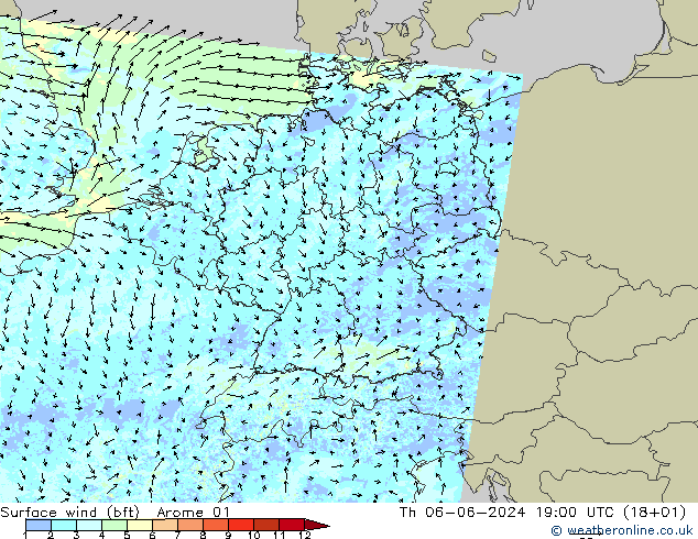 wiatr 10 m (bft) Arome 01 czw. 06.06.2024 19 UTC