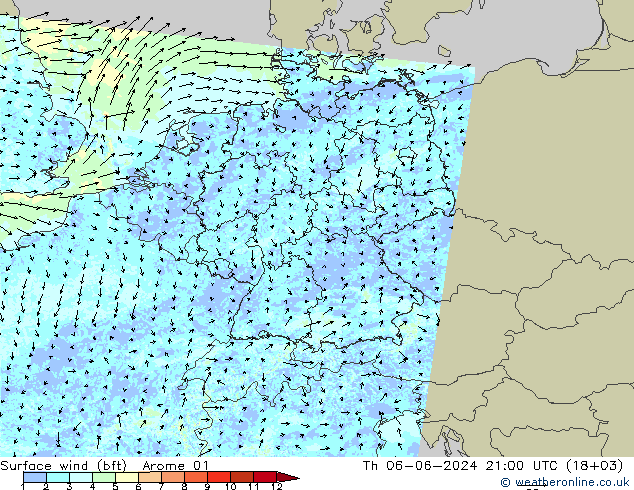 Surface wind (bft) Arome 01 Čt 06.06.2024 21 UTC