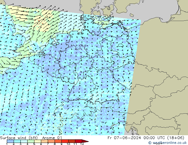 Viento 10 m (bft) Arome 01 vie 07.06.2024 00 UTC