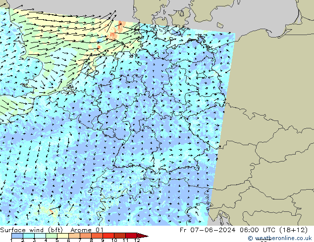 Vento 10 m (bft) Arome 01 Sex 07.06.2024 06 UTC