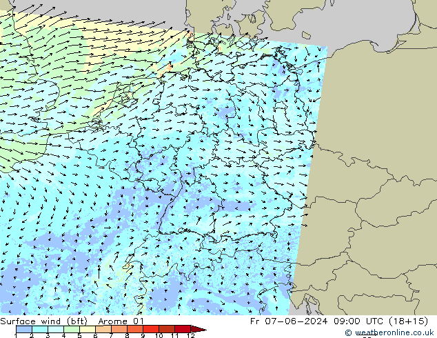 Surface wind (bft) Arome 01 Fr 07.06.2024 09 UTC