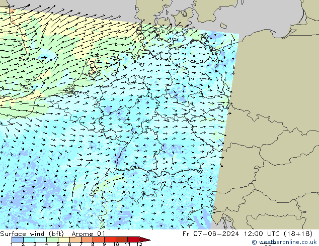 Surface wind (bft) Arome 01 Pá 07.06.2024 12 UTC