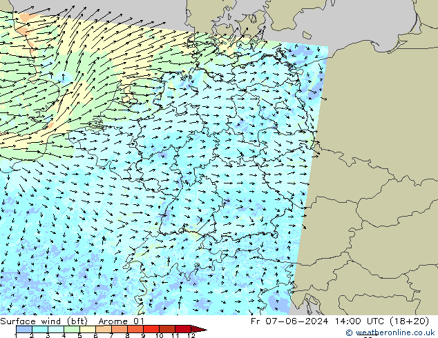 Bodenwind (bft) Arome 01 Fr 07.06.2024 14 UTC