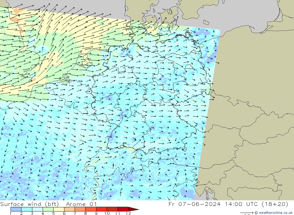 Wind 10 m (bft) Arome 01 vr 07.06.2024 14 UTC