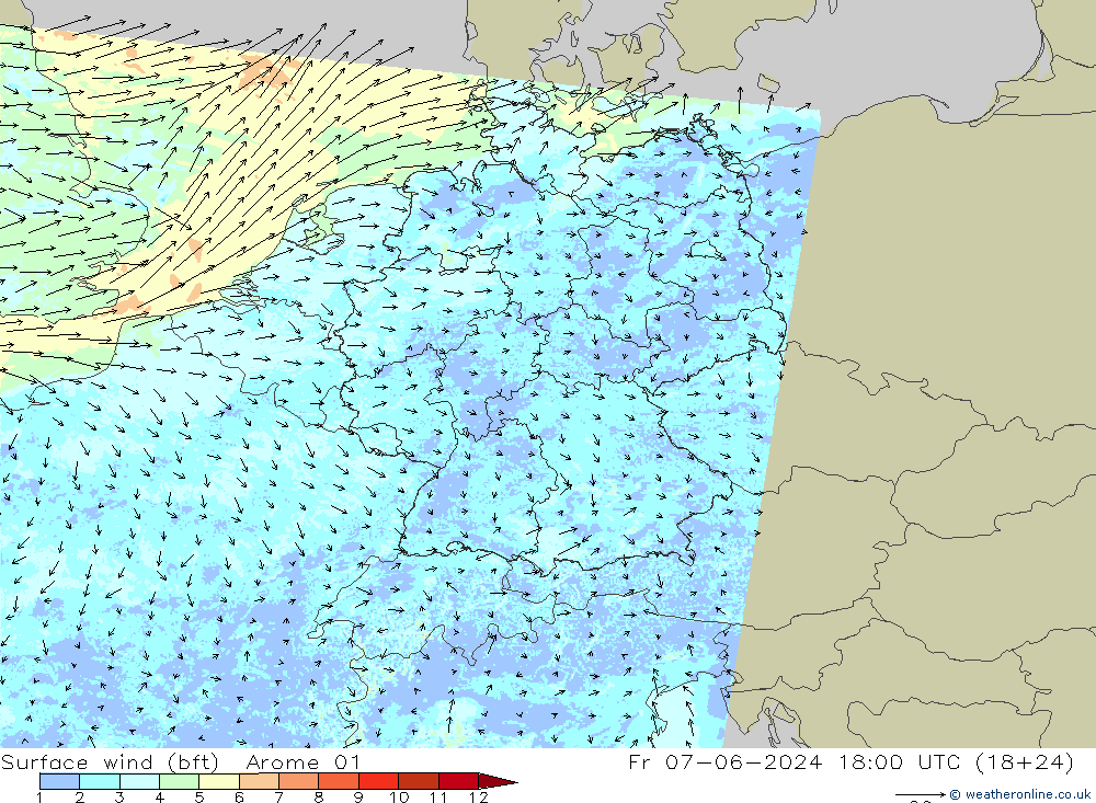 Surface wind (bft) Arome 01 Fr 07.06.2024 18 UTC