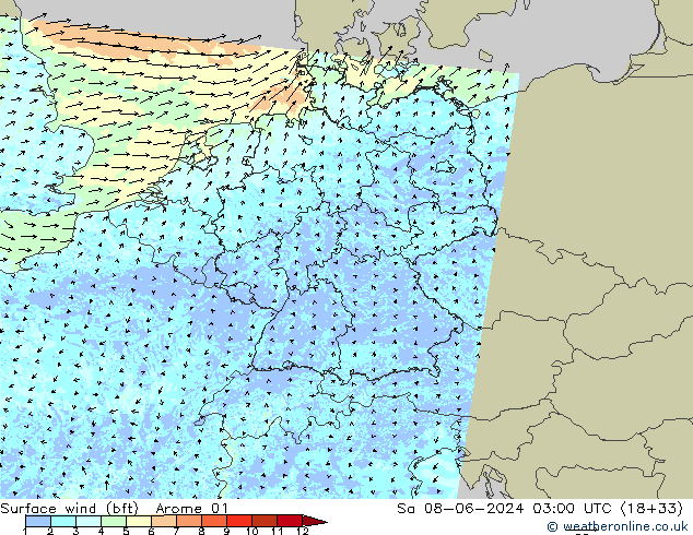 Surface wind (bft) Arome 01 Sa 08.06.2024 03 UTC