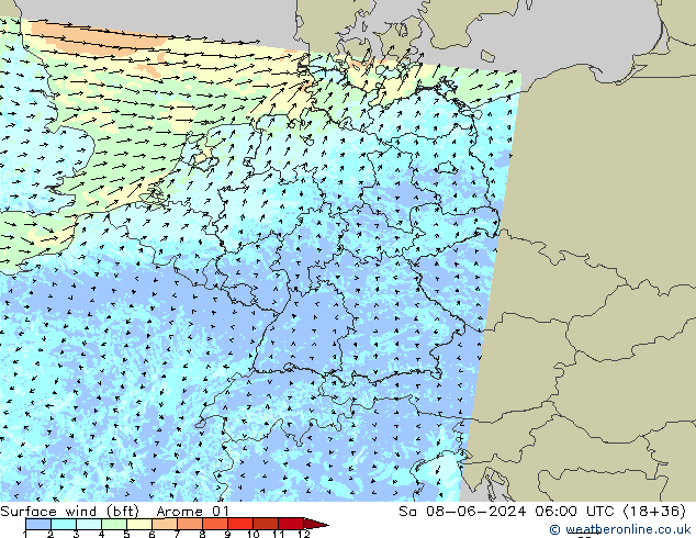 wiatr 10 m (bft) Arome 01 so. 08.06.2024 06 UTC