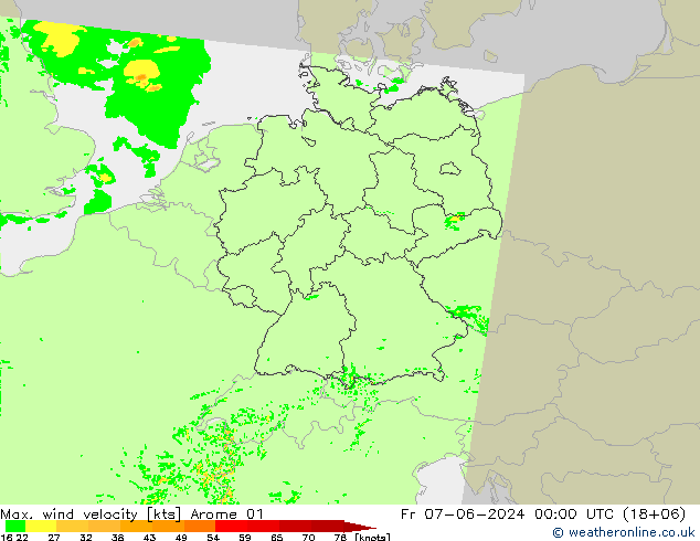 Max. wind velocity Arome 01 Fr 07.06.2024 00 UTC