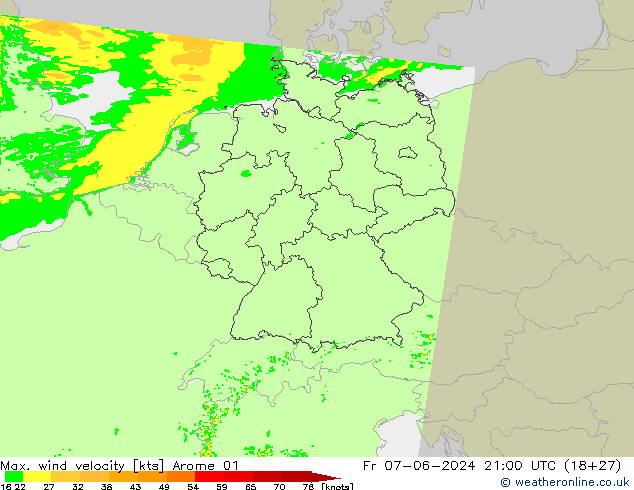 Max. wind velocity Arome 01 Fr 07.06.2024 21 UTC