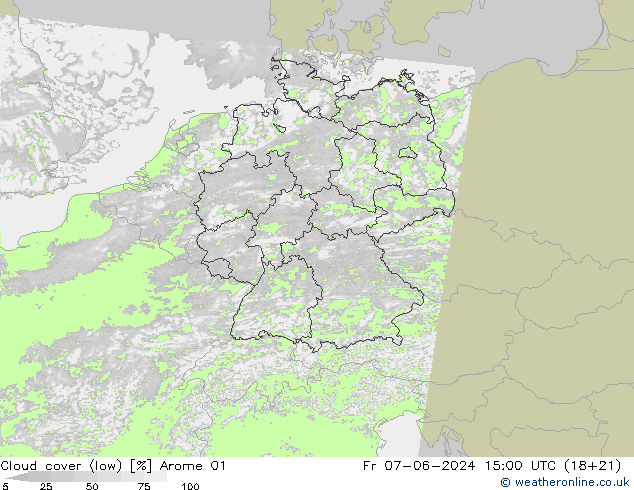 Cloud cover (low) Arome 01 Fr 07.06.2024 15 UTC