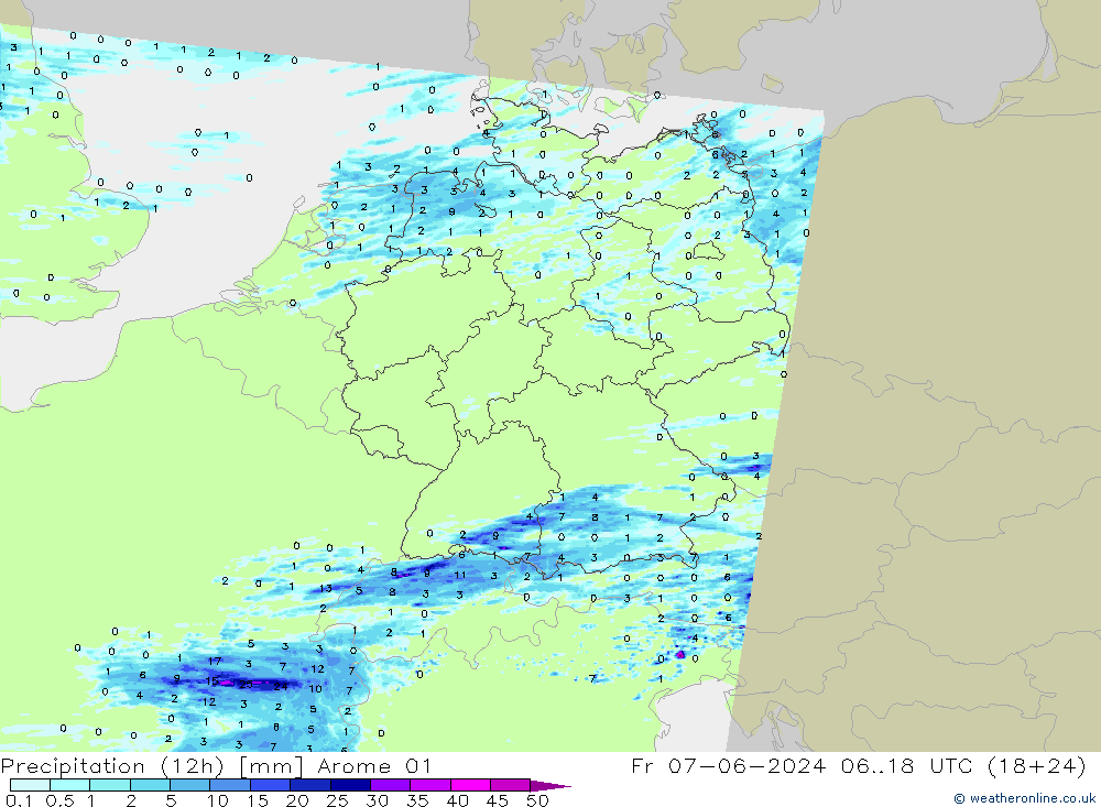 Precipitation (12h) Arome 01 Fr 07.06.2024 18 UTC