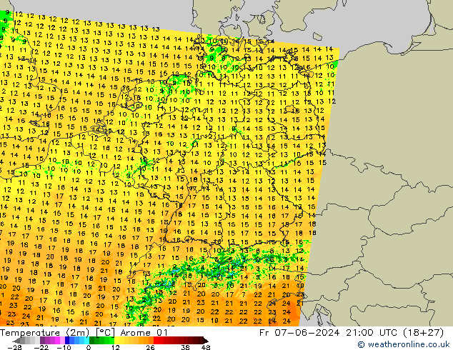 Temperaturkarte (2m) Arome 01 Fr 07.06.2024 21 UTC