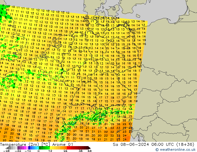 Temperatura (2m) Arome 01 sab 08.06.2024 06 UTC