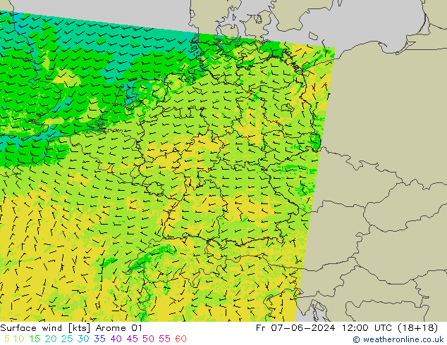 Surface wind Arome 01 Pá 07.06.2024 12 UTC