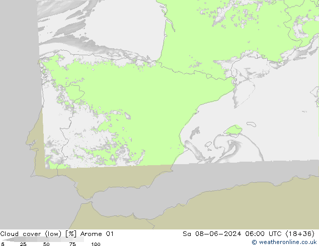 Bewolking (Laag) Arome 01 za 08.06.2024 06 UTC